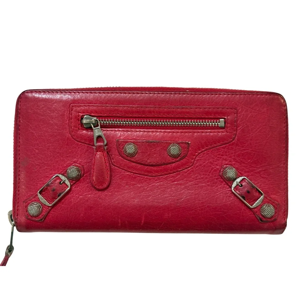 Balenciaga Red Leather City Moto Stud Zip Wallet Y2K Luxury COA Box‎